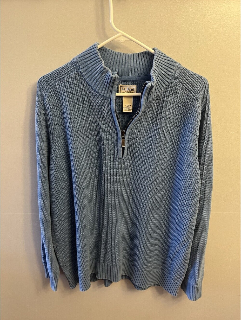 LL Bean Chunky Organic Cotton 1/4 Zip Sweater Mens L Blue Knit Pullover Heavy